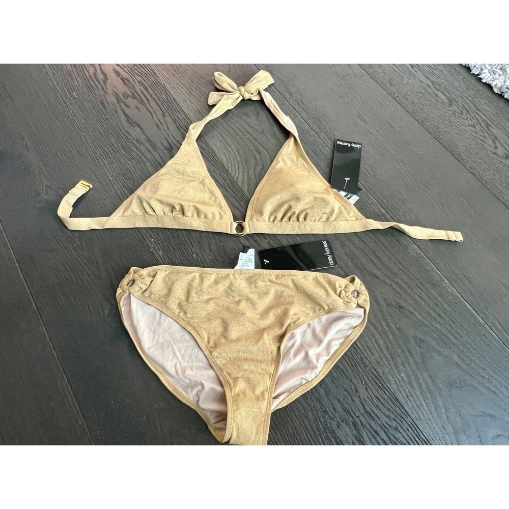 Brand New nwt Daisy Fuentes Gold Metallic Halter Triangle Bikini set 12 swimsuit